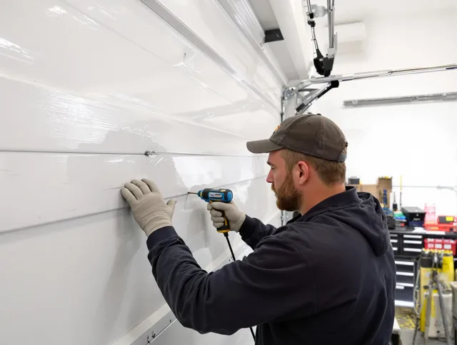Windsor Locks Garage Door Repair technician demonstrating precision dent removal techniques on a Windsor Locks garage door