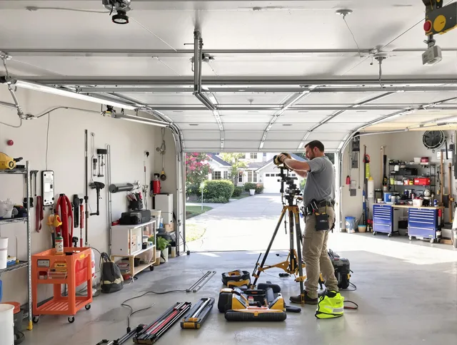 Windsor Locks Garage Door Repair specialist performing laser-guided track alignment in Windsor Locks